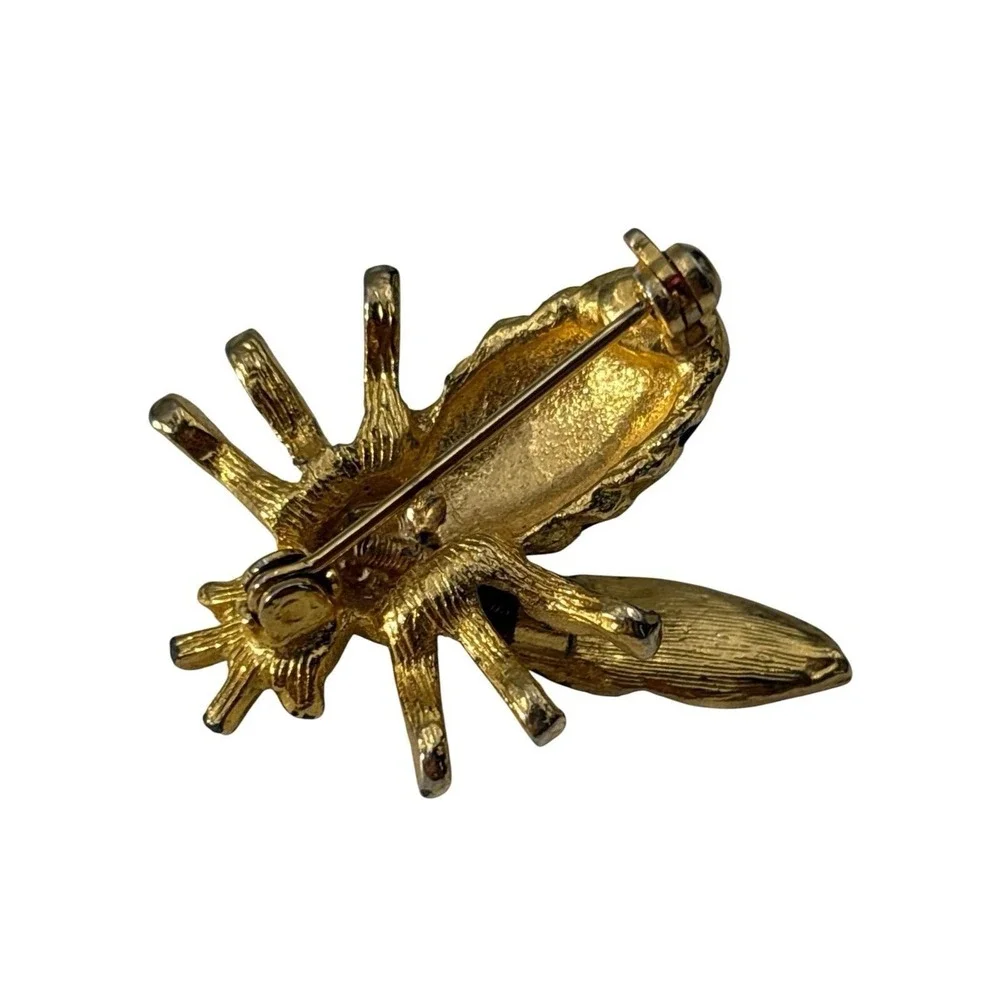 Vintage Gold Tone Black Yellow Enamel Trembler Wings Bumble Bee Brooch Pin